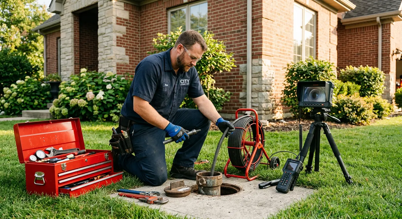 Sewer specialist with camera equipment servicing a cleanout in Randolph Town