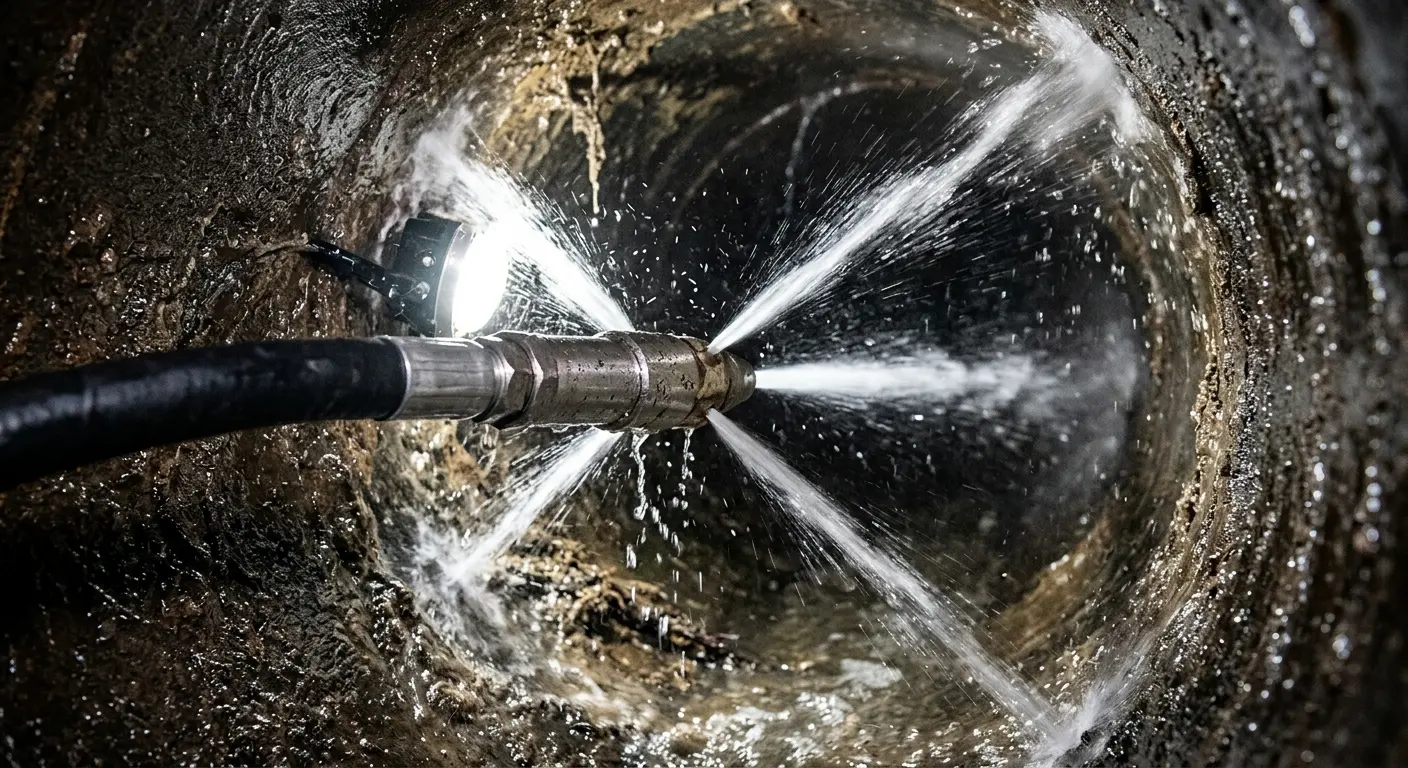 High-pressure hydro jetting nozzle cleaning sewer pipe for Trenchless Sewer Repair in Randolph Town