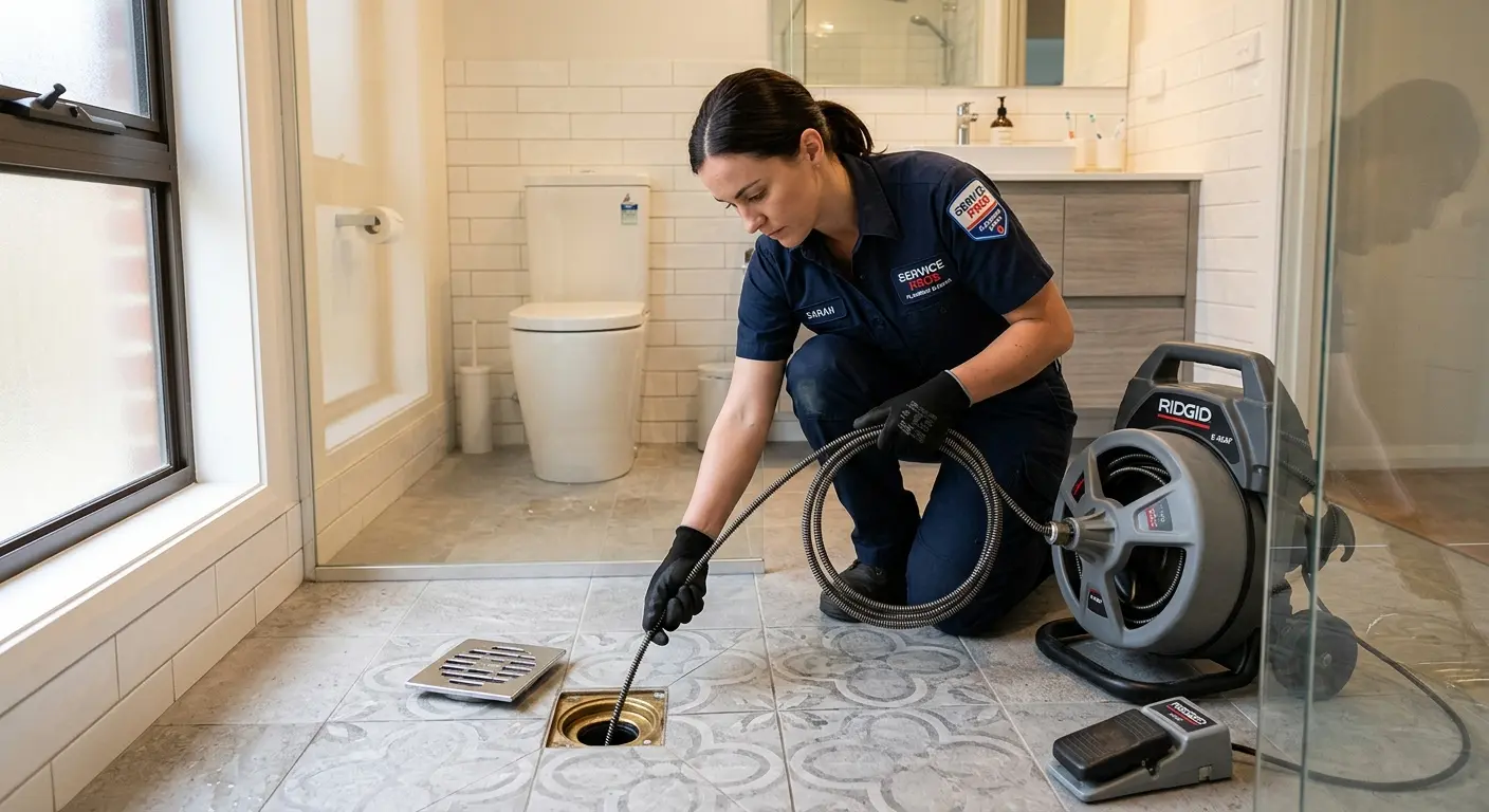 Technician clearing a bathroom floor drain for Clogged Drain Repair in Randolph Town